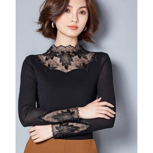 Women Pullovers 2019 Sexy Lace Pullover Sweaters Fashion New Patchwork Hollow Out Ruffled Collar Knitted Tops Pull Femme W953