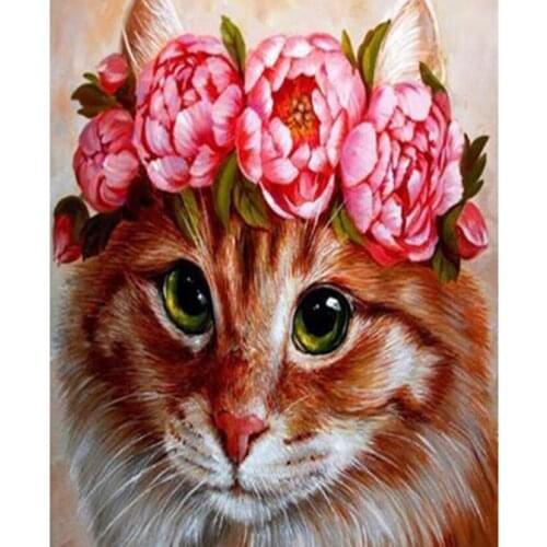 5D DIY Animal Painting Diamond Painting Square/Round Diamond Cat Wearing Flower Picture Cross Stitch Decoration Artwork TX071