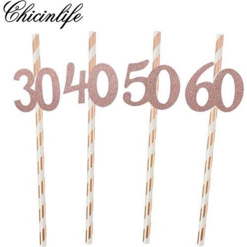 Chicinlife 10Pcs rosegold Paper Straws Number 30/40/50/60th Adult happy birthday Drink table straws party favors Decoration