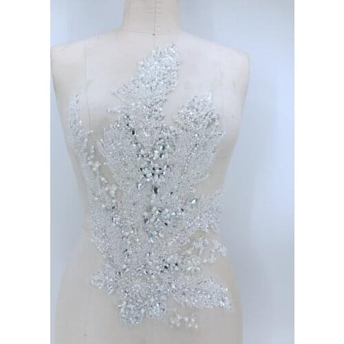 Handmade white Hot drilling Rhinestone lace embroidery patch applique wedding dress bordados DIY Performance clothing