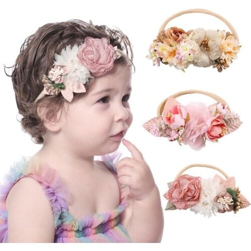 Baby Headband Net Yarn Pearl Stitching Flower Childrens Hair Accessories for Boys Girls Elastic Flower Decoration