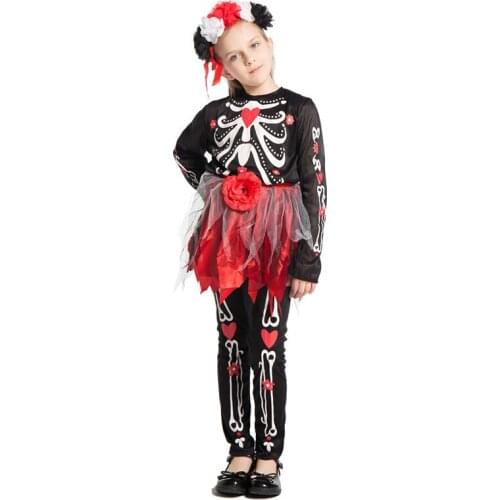 Child Mexico Day of The Dead Skeleton Costume Horror Skull Scary Girl Halloween Purim Party Fancy Dress