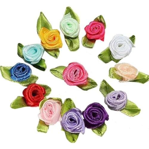 Hot 100pcs Mini Satin Ribbon Rose Flower Leaf Wedding Decor Appliques Sewing DIY Main Color:Pink