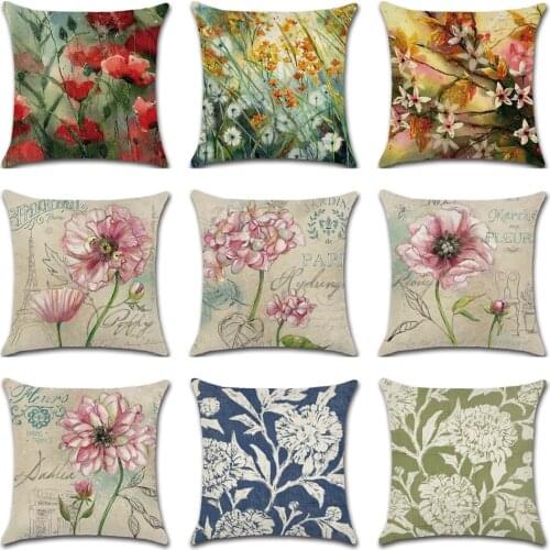 Colorful Gouache Pink Flowers Printed Waist Pillowcase Natural Scenery Linen Sofe Pillow Cases Chair Cushion Cover Home Decor