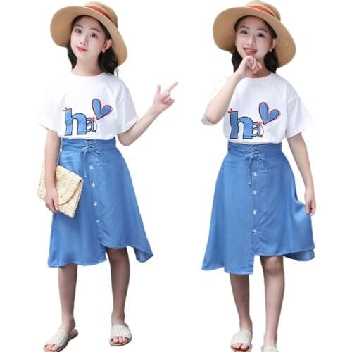 Summer 4 5 6 7 8 9 10 11 12 13 14 Years Letter Embroidery T-shirt Blouse and Washed Denim Skirts Outfits Girl Clothing Set