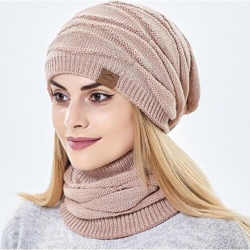Fashion Women Winter Skullies Beanies Set Warm Knitted Beanies Cap Thermal Knitted Hat Female Outdoor Soft Hedging Cap Scarf Hat