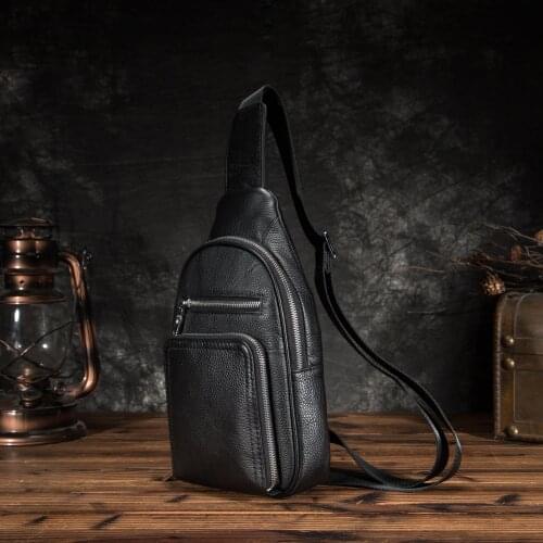 Oil Wax Leather Men Casual Fashion Travel Triangle Chest Sling Bag Black Design 8" Tablet One Shoulder Bag Daypack Male 0729