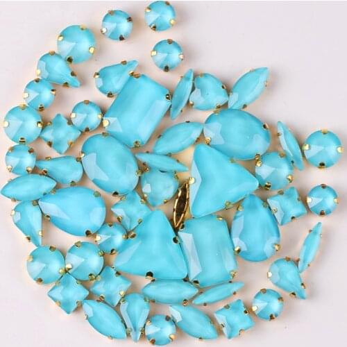 Gold claw settings 50pcs/bag shapes mix jelly candy Aquamarine glass crystal sew on rhinestone wedding dress shoes bags diy