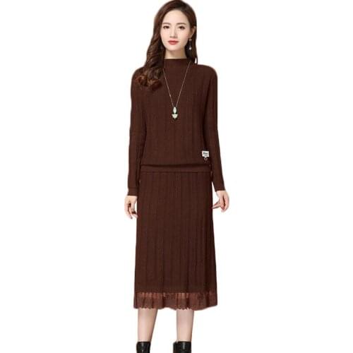 Autumn Winter Womens Skirt Suits New Long-sleeved Knitted Sweater Pullover and Lace Stitching Knit Skirt Two-piece Set Female