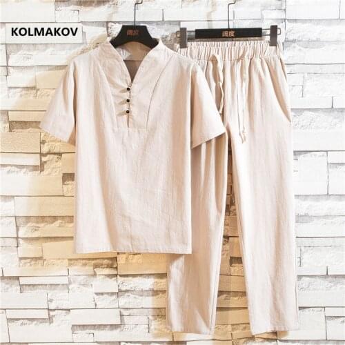 Shirt + trousers) 2021 summer men shirt Man Cotton and linen shirts Short sleeve mens casual shirts men full size M to 5XL