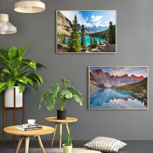 Modern Prints Painting Sunset Home Decor Clear Lake And Mountain In The Forest Canvas Art Poster POP Wall Art Natural Scenery Pi