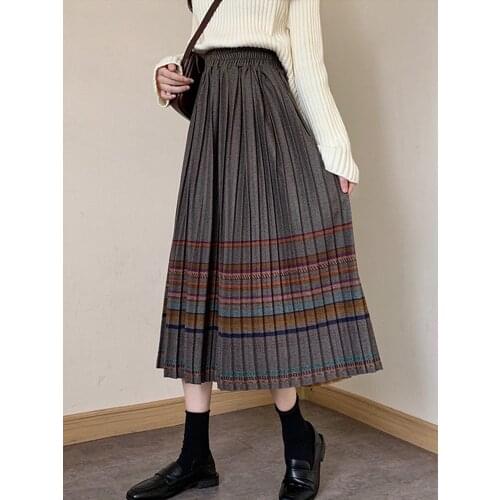TIGENA Vintage Pleated Woolen Long Skirt for Women 2021 Autumn Winter Casual All-match A Line High Waist Midi Skirt Female Lady