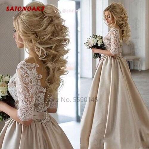 Vintage Long Sleeves A Line Wedding Dress Illusion Champagne Satin Garden Bridal Gown Robe De Mariage Vestidos Undefined Online