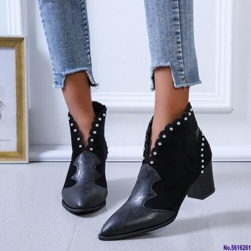 Women Rivet Boots Female Autumn Winter PU Leather Cowboy Ankle Boots Pointed Toe Wedge Heel Woman Booties Snake Shoes
