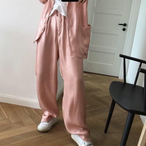 2021 New High Waist Drawstring Stain Pants Full Length Loose Wide Legs Female Trousers Spring And Summer Fashion