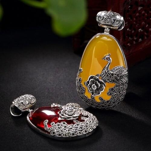 2018 Real Rushed Carnelian S925 Sterling Antique Mosaic Marrow Phoenix Peony Lady High-grade Sweater Chain Pendant Wholesale