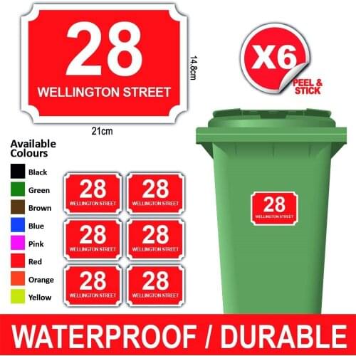 6 X Personalised Printed Wheelie Bin Number Stickers House Number Street Name Classic Style