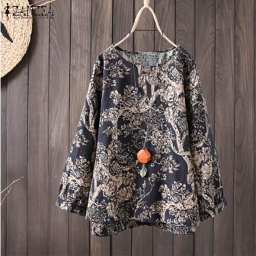 ZANZEA Spring Women O Neck Long Sleeve Bohemian Cotton Linen Blouse Vintage Floral Printed Shirt Loose Casual Top Femme Blusas