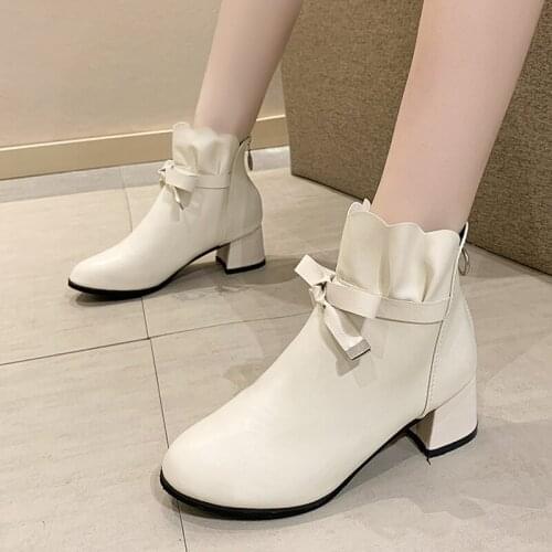 Okkdey Nude boots womens 2020 autumn and winter new thick-heeled bow small short boots mid-heel fashion all-match single boots