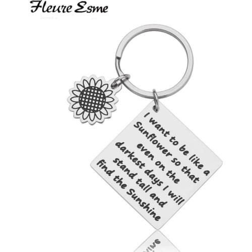Sunflower Charm Keychain Inspirational Gift Floral Key Chain Spiritual Gifts for Women I Want To Be Like A Sunflower Keyring