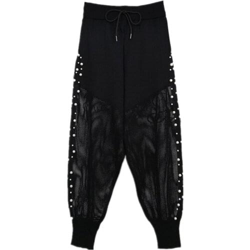 European Station Beaded Hollow Harem Pants Womens Casual Sports Pants Girl All-match Knitted Pants 2021 Summer New Trousers