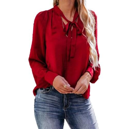 CINESSD women tops and blouses solid color v-neck lace versatile long-sleeved shirt