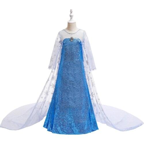 Blue Sequins Girls Children Birthday Party Dress Suits Dres Role Dance Performance Halloween Dress with Long Skirt
