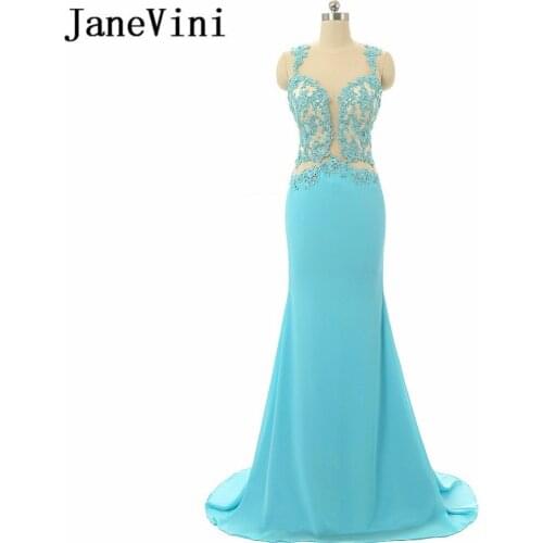 JaneVini Mermaid Long Bridesmaid Dresses with Appliques Sequined Sexy Illusion Backless Chiffon Sweep Train Wedding Guest Dress