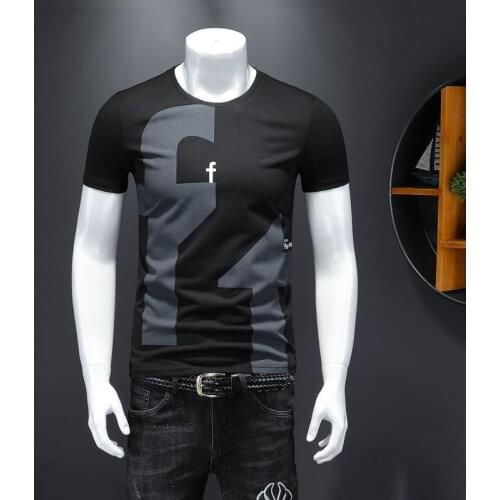 Mens T-shirt Letter Printing Slim 2021 Summer Korean Trend Youth Blue Easy Matching Cotton High-Quality Male Clothing Top 5xl