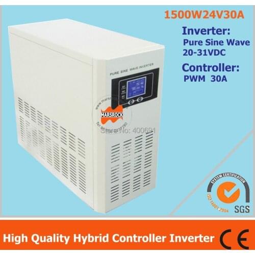 Hybrid controller inverter with UPS for off grid solar power system, 1500W 24V pure sine wave inverter with 30A PWM controller