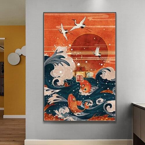 Canvas Art Print Painting Poster Japanese Style Landscape Painting Wave Crane Red Sun Wall Pictures Home Decoration Living Room