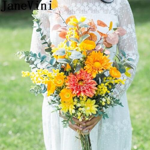 JaneVini Artificial Flowers Orange Yellow Wedding Bouquets Ramo De Flores Noiva Bride Vintage Bridal Silk Flower Bouquet Mariage