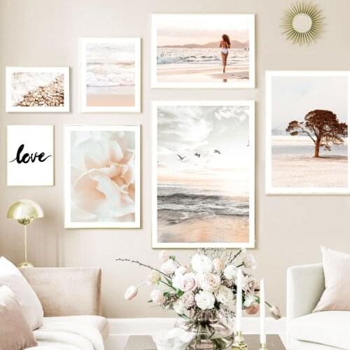 Canvas Painting Sea Beach Flower Girl Tree Stone Sky Bird Nordic Posters and Prints Wall Art Pictures For Home Decoration