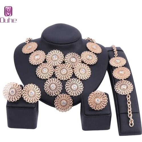 Big Dubai Gold Color Crystal Jewelry Sets For Women Flower Necklace Set African Beads Jewelry Set Nigerian Wedding Gift