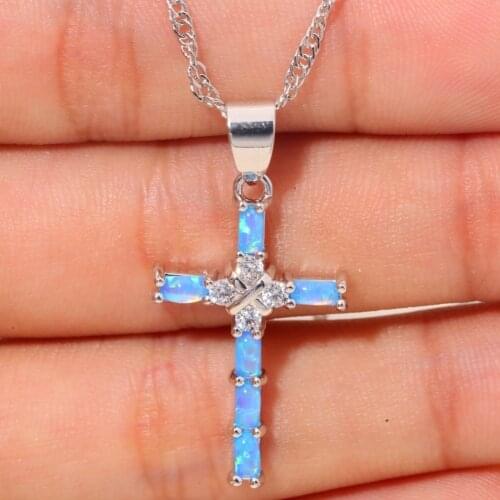 Hot Sell Fashion Luxury Blue Cross Pendant Necklace Womens Wedding Engagement Birthday Party Jewelry Gifts
