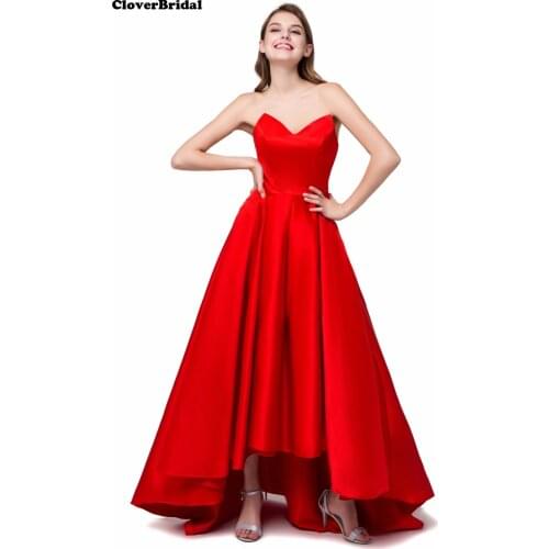 Cute satin V neck A-line big volume skirt red ankle length cocktail dresses short front long back 2017 ready to ship