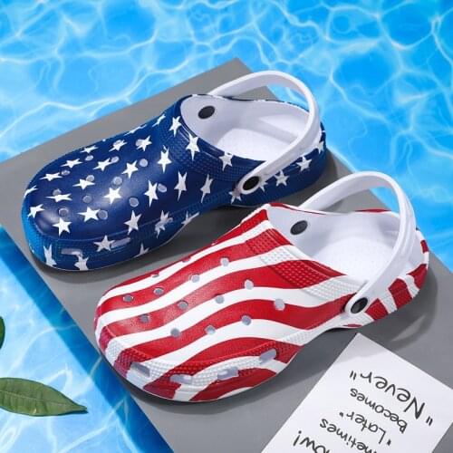 Summer Men Slippers American Flag Sandals Plus Size 45-50 Massage Clogs Outdoor Garden Shoes Men Pool Slides Mules Beach Slipper