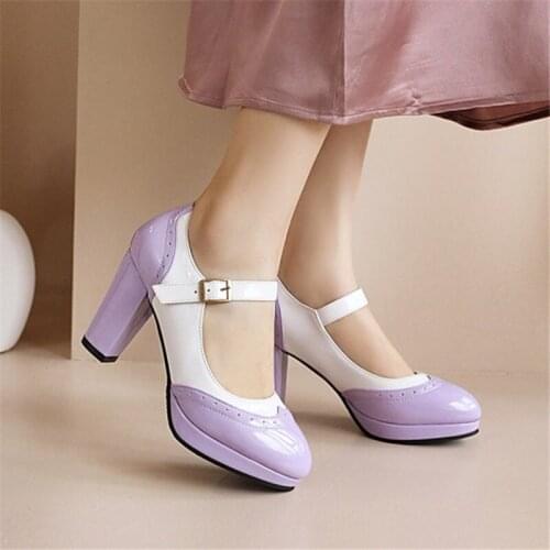 PXELENA 5 Contrast Color Patent Leather Women Ankle Strap Pumps 2021 Spring New High Heels Dress Shoes Princess Plus Size 34-45