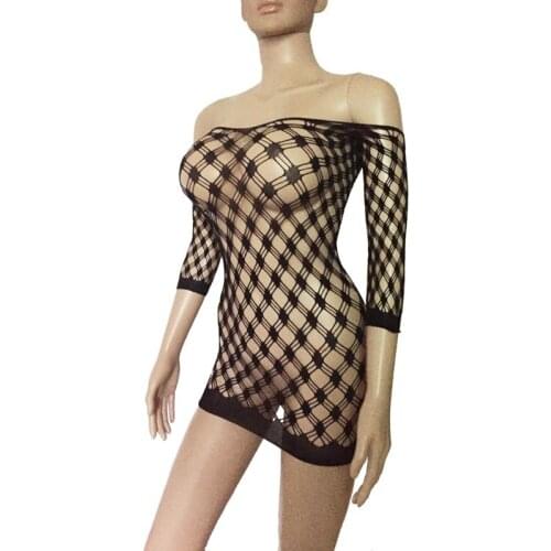Sexy See Through Fishnet Chemise Lingerie Dress Half Sleeve Hollow Out Net Mesh Bodystocking Bodysuit Babydoll