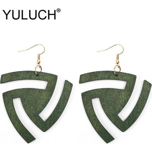YULUCH Personality Women Geometric Wood Long Dangle Earrings Female Fashion Jewlery Ethnic Green Red Wood Long Pendant Earrings