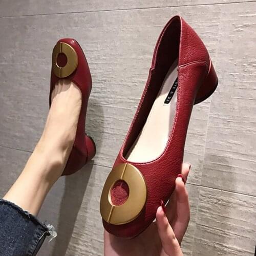 2020 New Women Dress Shoes Low Heels Pumps Square Heeled Boat Shoes Round Metal Pumps Office Shoes Ladies zapatos mujer 7913L