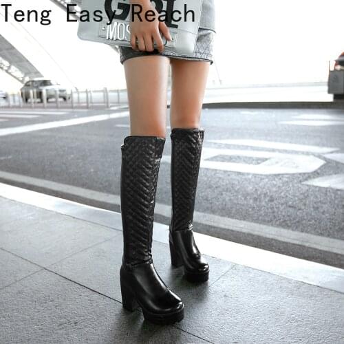 Sexy High Boots Knee-length Pu Boots High Heels Ladies Fashion Shoes 2021 Winter Short Boots Female Large Size Chunky Boots 42