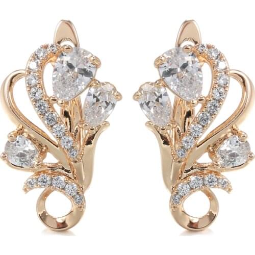 Kinel Luxury 585 Rose Gold Crystal Flower Earrings for Women Wax Inlay Natural Zircon Bridal Earrings Vintage Wedding Jewelry