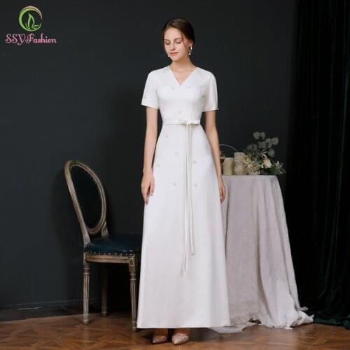 SSYFashion Banquet Elegant White Evening Dress Short Sleeve Pearls Beading Long Prom Formal Gowns for Women Vestidos De Noche