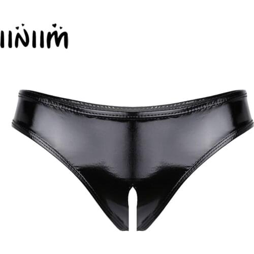 Womens Lingerie Sexy Panties Wetlook Open Butt micro latex Leather Open Crotch Knicker Mini Briefs Crotchless Sissy Underwear