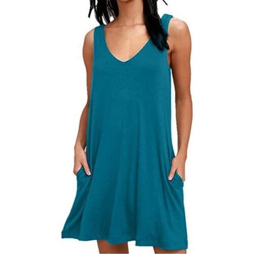 Women Solid Pocket Dress Summer Beach Casual V-Neck Sleeveless Mini Dress Sundress Loose Black Blue Female A-Line Dress Vestidos