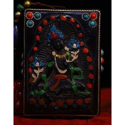 3"Chinese Folk Collection Old Natural horns Tracing mosaic gem Dzi Bead Green Tara Bodhisattva Pendant amulet Town House