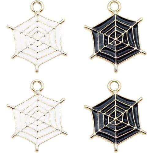 Julie Wang 6PCS Enamel Spider Web Charms Black White Cartoon Halloween Cobweb Pendants Alloy Jewelry Making Accessory