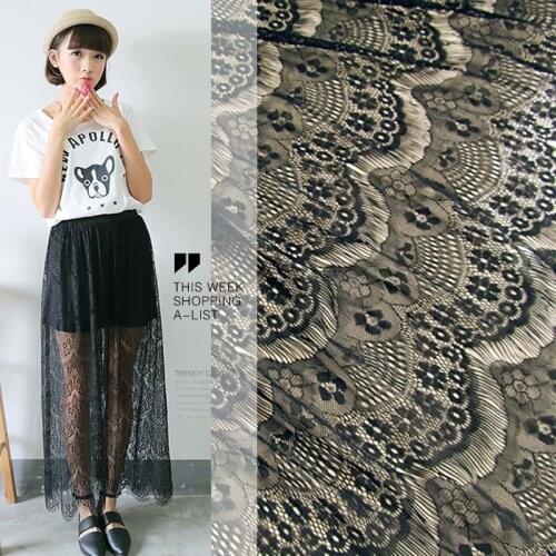 Free Shipping Black Corrugated Soft Gauze Eyelash Lace Fabric Dresses Handmade Diy Clothes Cloth Accessories 150cm