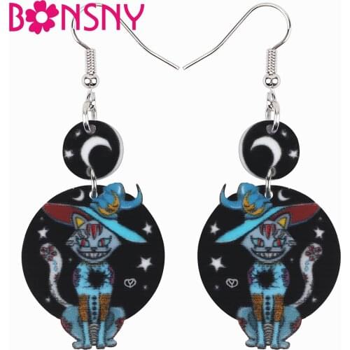 BONSNY Halloween Acrylic Cute Moon Wizard Magic Cat Earrings Fashion Big Drop Dangle Pets Gifts Jewelry For Women Girls Teens